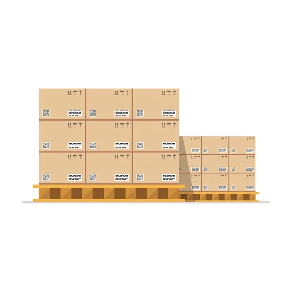 Cajas Cartón Con Signos Frágiles Código Barras Palets Arbolados Ilustración — Vector de stock