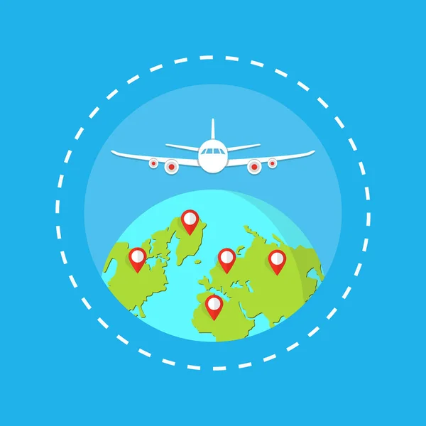 Mapa Del Mundo Con Avión Viajar Alrededor Del Mundo Concepto — Vector de stock