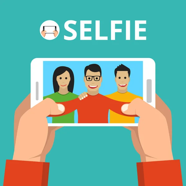 Uomo Mani Tenendo Smartphone Con Foto Selfie Sullo Schermo Illustrazione — Vettoriale Stock
