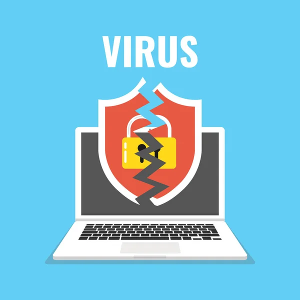 Laptop Ekran Kırık Bir Kalkan Ile Virüs Korsan Hack Güvenlik — Stok Vektör