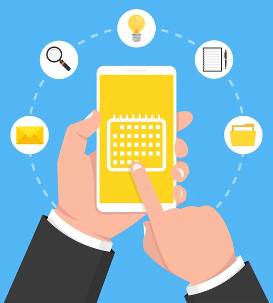 Calendário Cronograma Lembrete Aplicativo Planejamento Tela Smartphone Mão Segura Telefone —  Vetores de Stock
