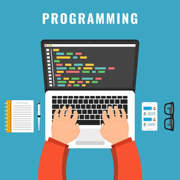 プログラマーの仕事の机の上のノート パソコン上でコーディングします スクリーンのラップトップ上のコードします ベクトル図 — ストックベクタ