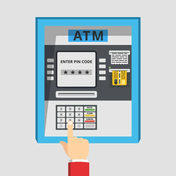 Geldautomat Mit Hand Und Kreditkarte Flacher Cartoon Stil Vektorillustration — Stockvektor