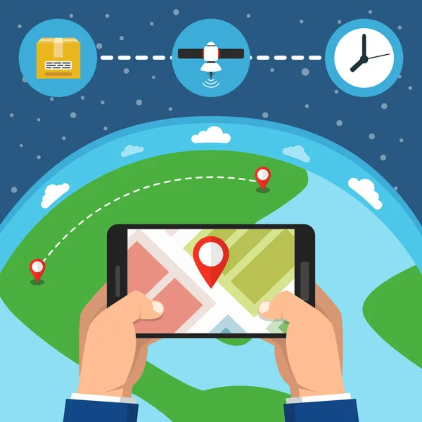 Mappa Navigazione Gps Mobile Con Puntatore Sullo Smartphone Schermo Concetto — Vettoriale Stock