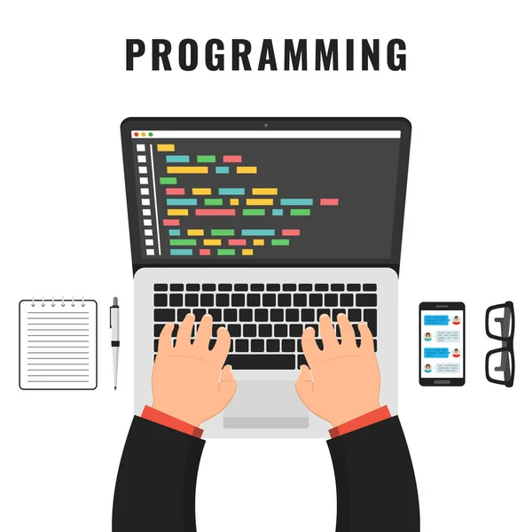 Programmeur Codering Laptopcomputer Bureau Code Laptop Scherm Vectorillustratie — Stockvector