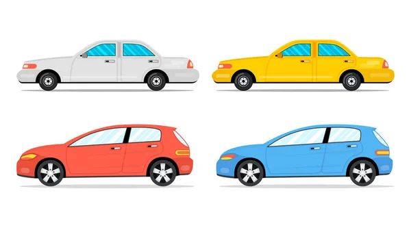 Vier Auto Zijkant Platte Cartoon Stijl Vectorillustratie — Stockvector