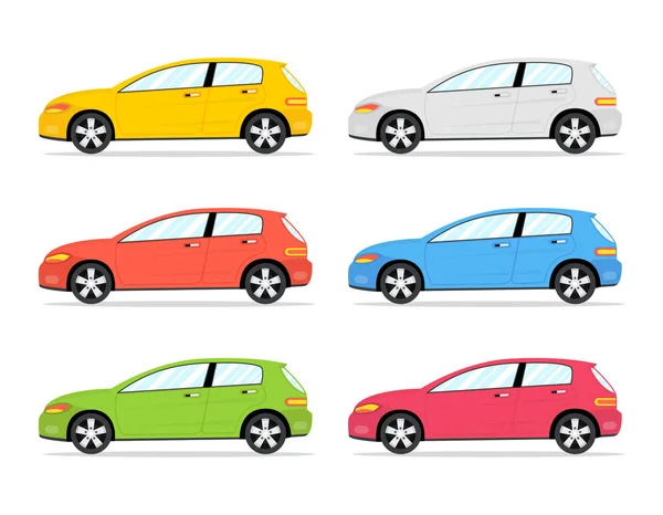 Vista Lateral Seis Coches Estilo Plano Dibujos Animados Ilustración Vectorial — Vector de stock