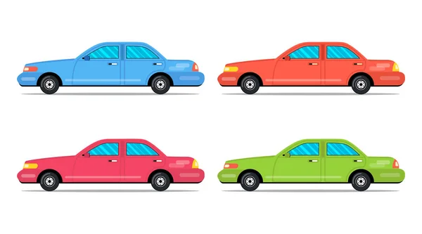 Quatro Carros Vista Lateral Estilo Desenho Animado Plano Ilustração Vetorial — Vetor de Stock