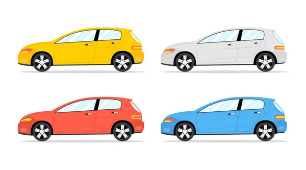 Vier Autos Seitenansicht Flacher Cartoon Stil Vektorillustration — Stockvektor