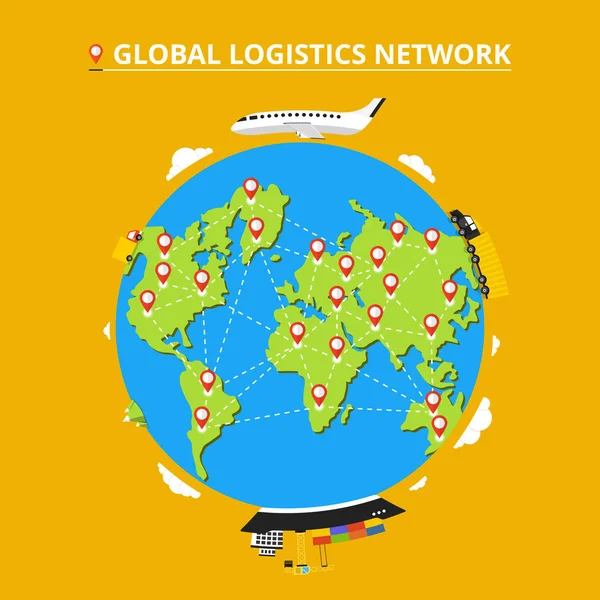 Rede Logística Global Ícones Conjunto Caminhão Van Avião Navio Carga —  Vetores de Stock