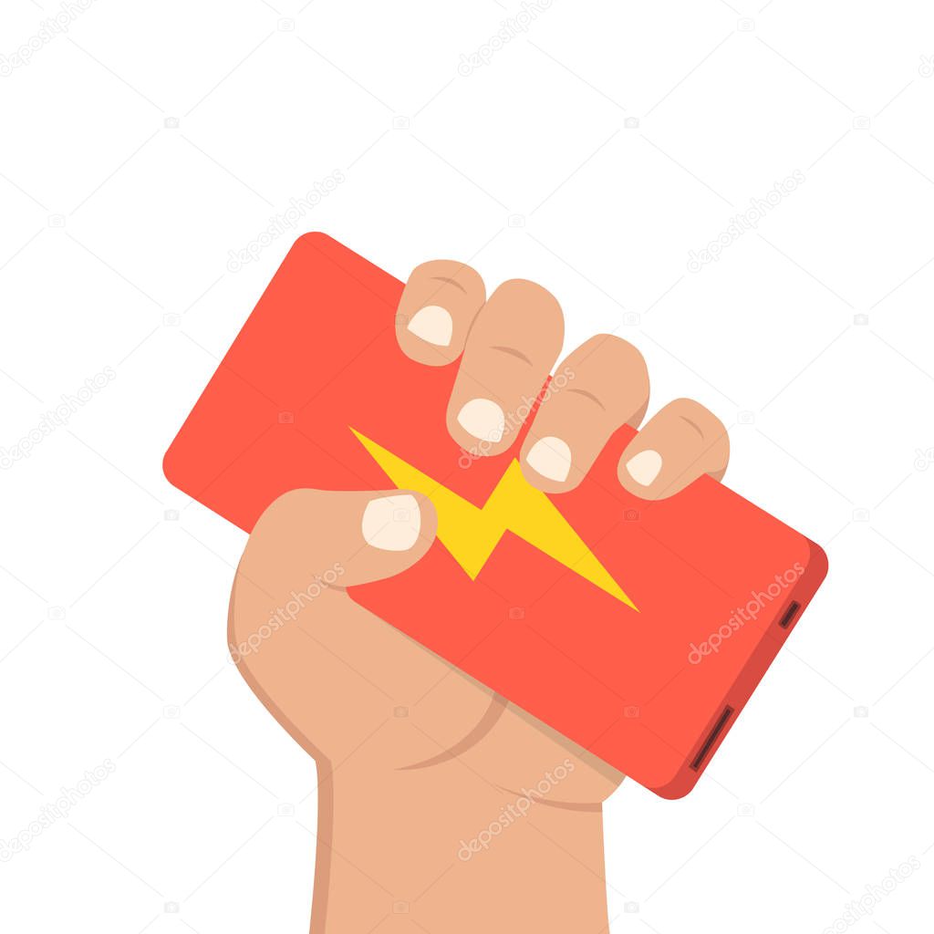 Man holding red power bank in hand. Flat cartoon style. Vector illustration. 