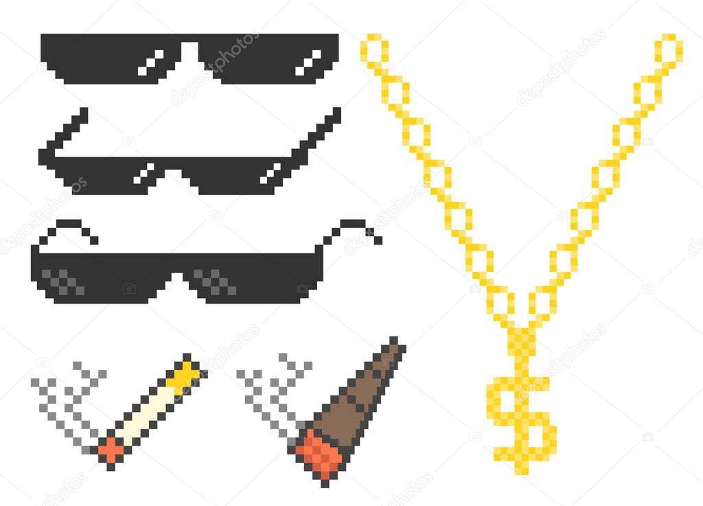 Funny pixelated boss sunglasses set. Gangster, thug glasses, gold chain, cigar and cigarette. Vector illustration. 