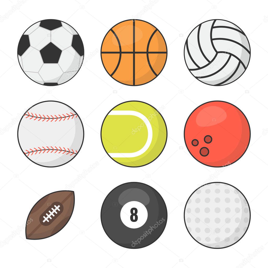 Sports balls vector set. Basketball, soccer, tennis, football, baseball, bowling, golf, volleyball. Flat vector illustration. 