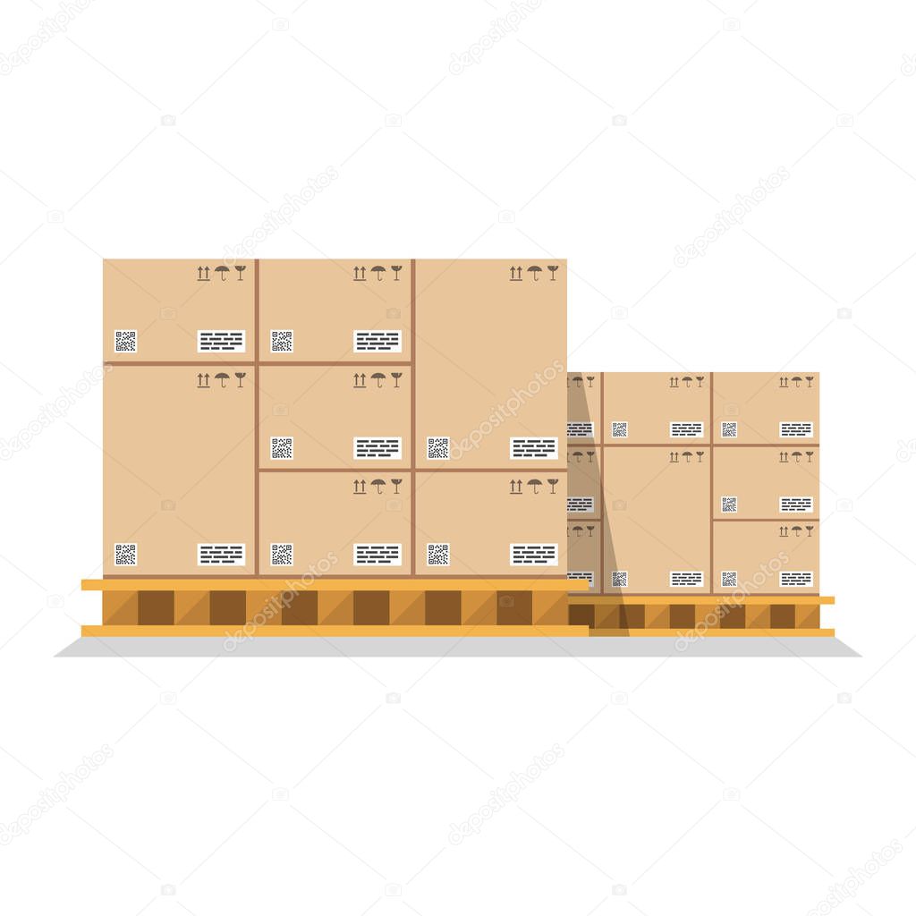 Cardboard boxes with fragile signs and barcode on wooded pallet. Vector illustration. 