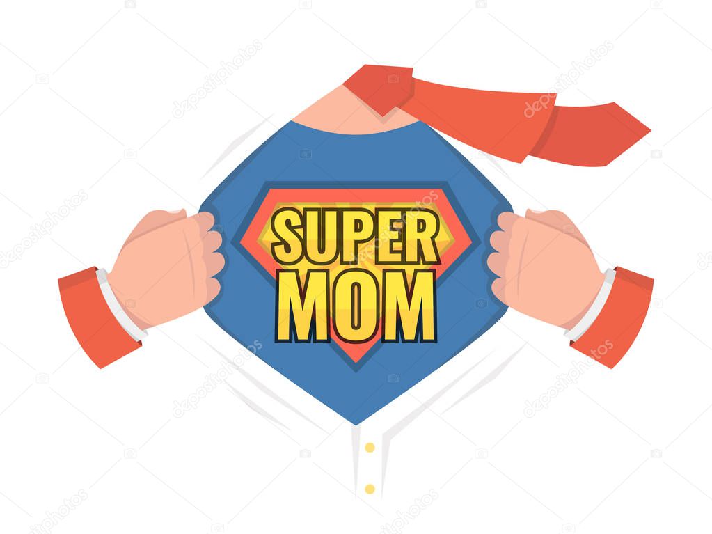 Man open shirt to show shield badge with text. Super Mom sign. Vector illustration.