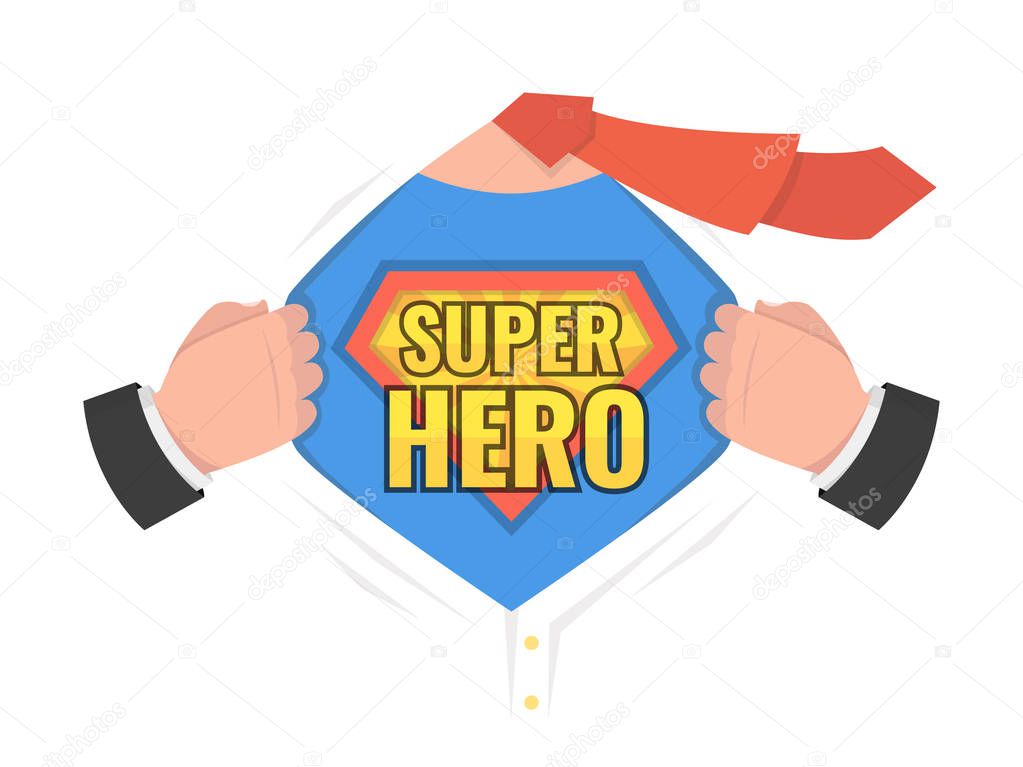 Man open shirt to show shield badge with text. Super Hero sign. Vector illustration.