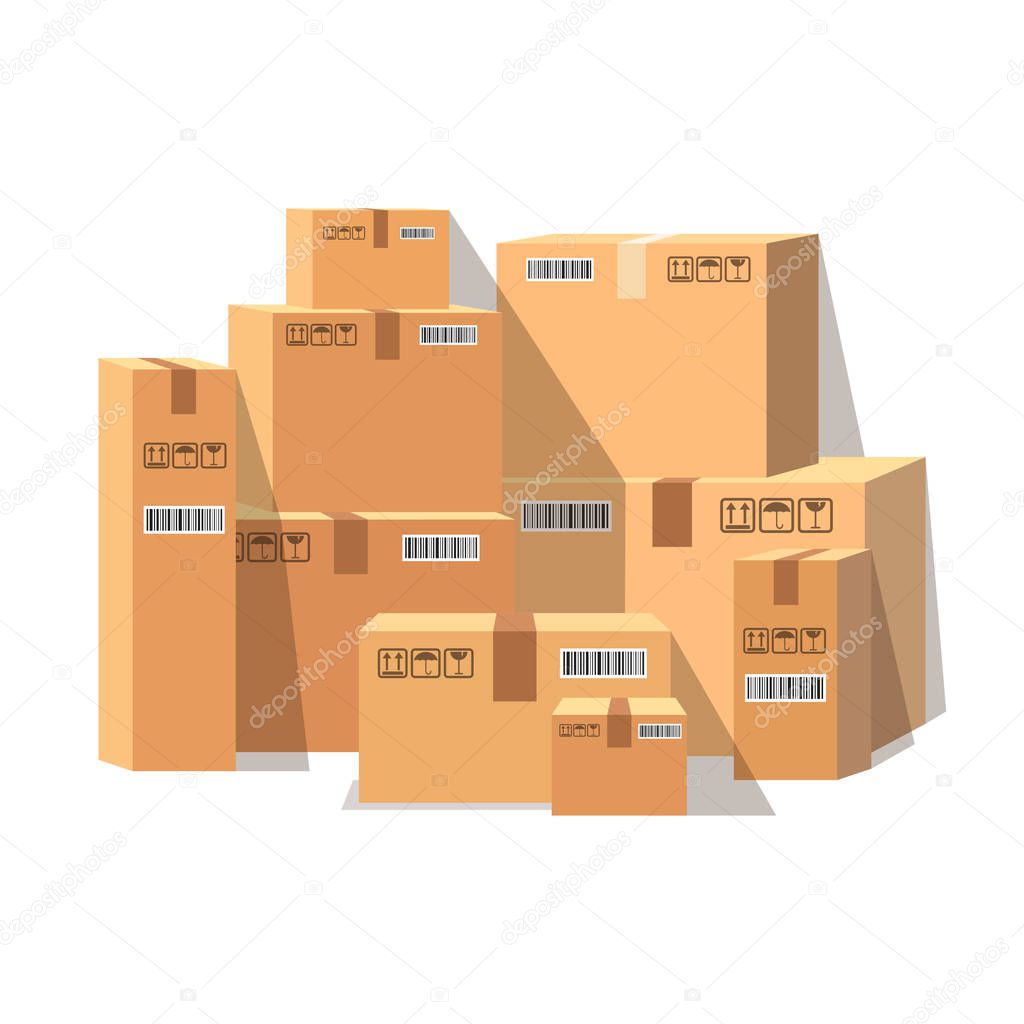 Set of isometric cardboard boxes isolated. Set closed and open cardboard boxes. Vector illustration.