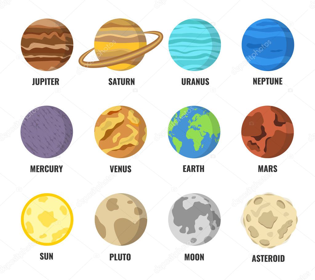 Planet icon set. Planets with names - mercury, venus, earth, mars, jupiter, saturn, uranus, neptune, pluto. Vector astronomic abstract objects - sun, moon, asteroid. Flat design illustration. 