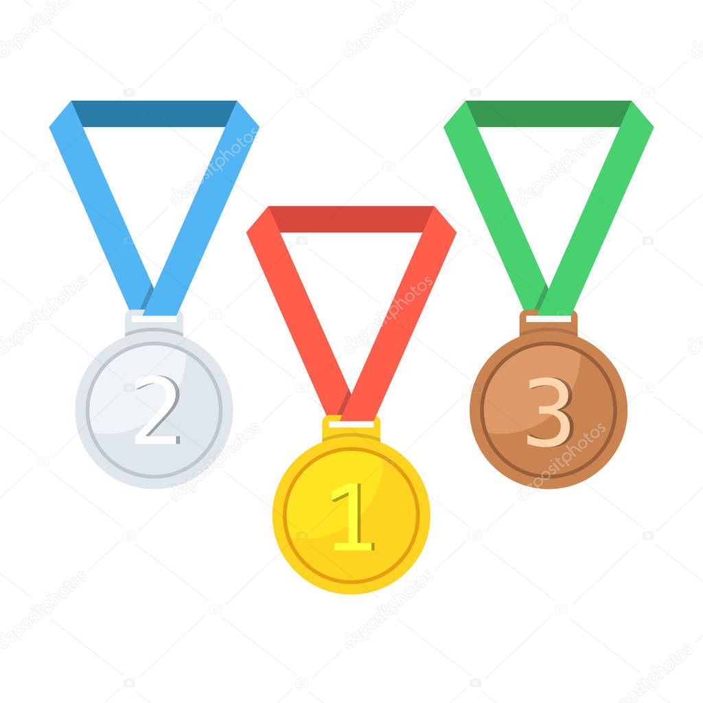 Gold, silver, bronze medal for first place. Trophy, award for winner isolated on white background. Achievement, victory concept. Flat cartoon style. Vector illustration. 