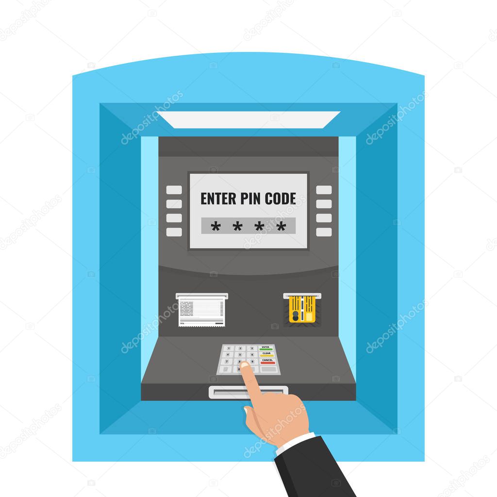 Street ATM machine with hand and credit card. Flat cartoon style. Vector illustration.