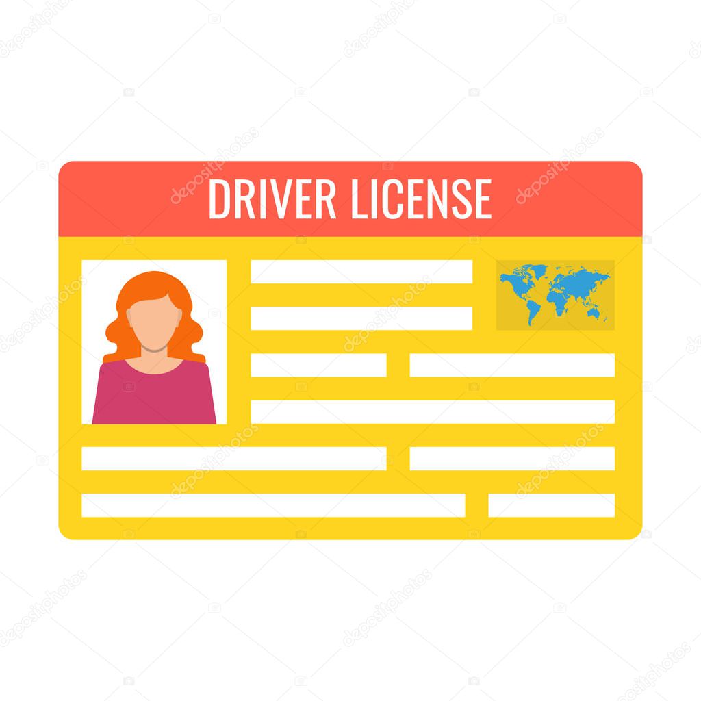 Car driver license identification with female photo. ID card isolated on white background. Vector illustration.