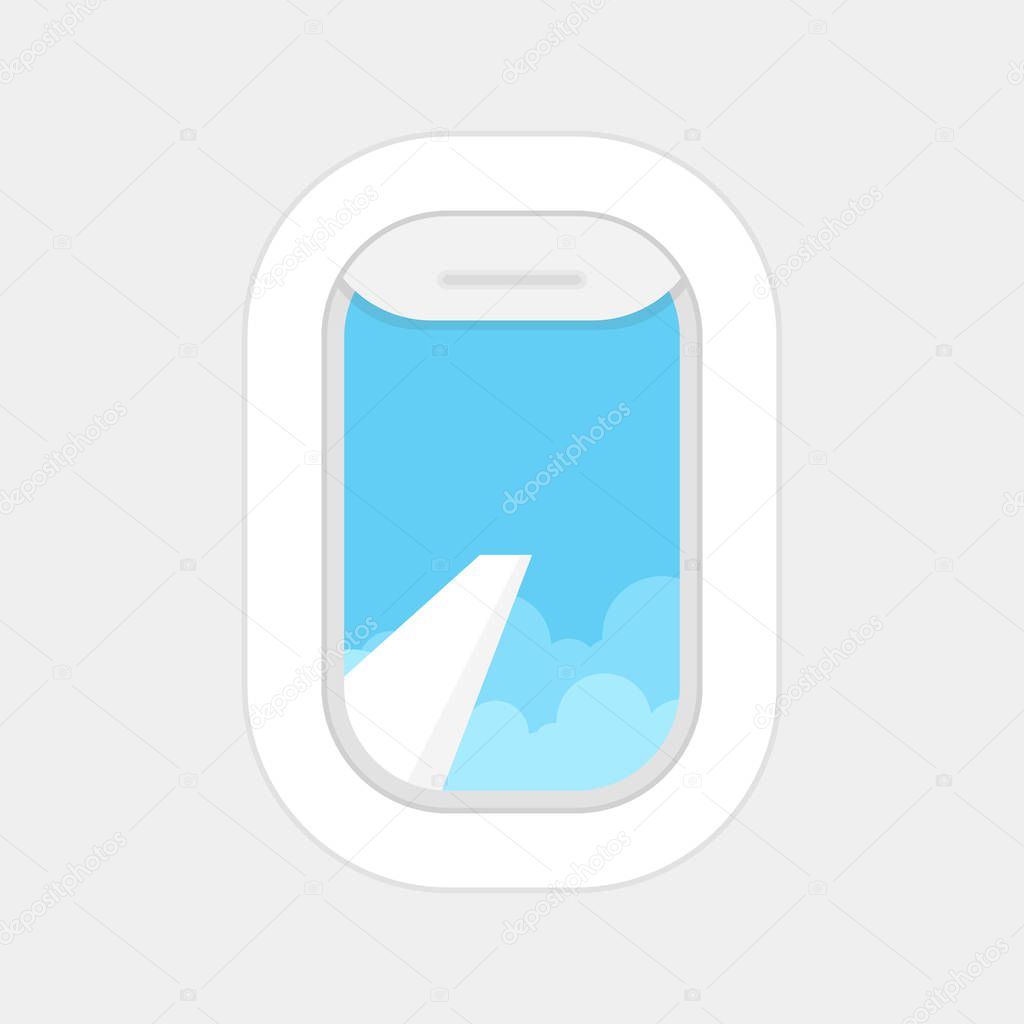 Aircraft, airplane windows with cloudy blue sky outside. Travel or tourism concept. Vector illustration. 
