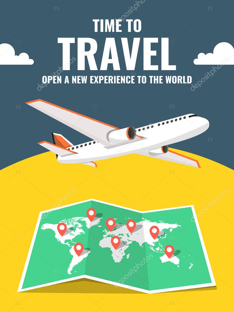 Airplane flying. Around the world travelling banner. Vector illustration. 