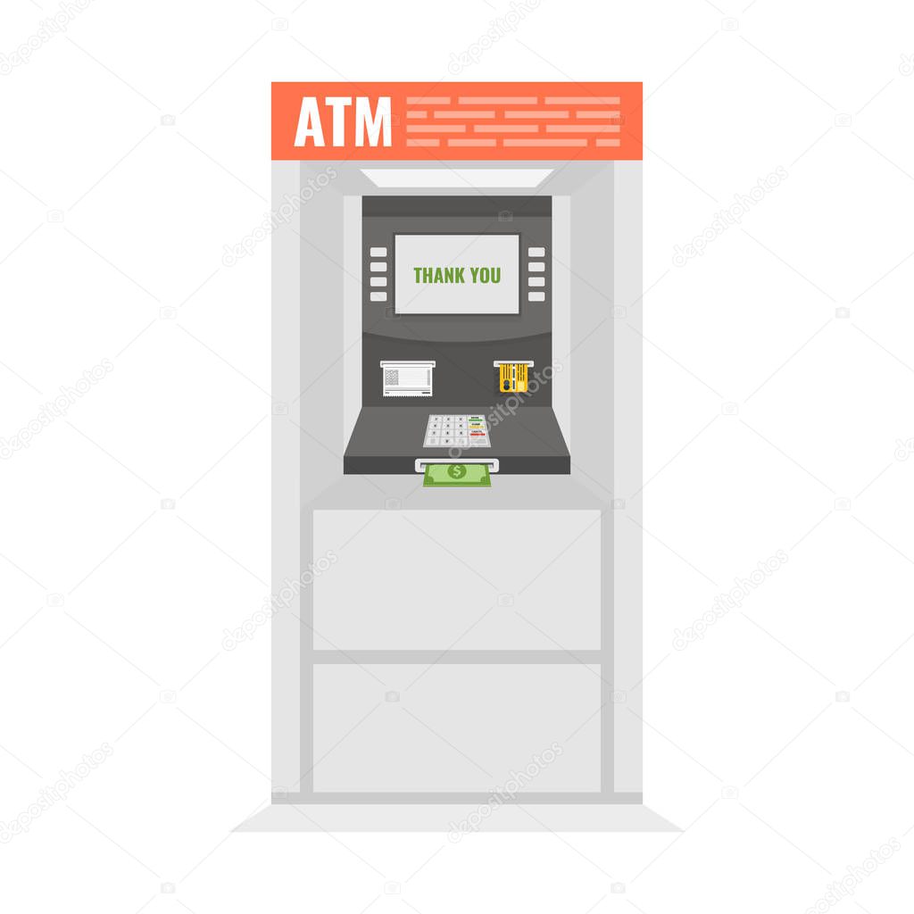 Street ATM teller machine with positive response on the screen and dollar banknotes sticking out of a slot. Vector illustration.