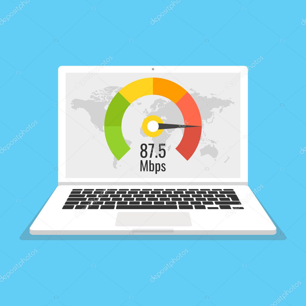 Laptop with speed test on the screen. Vector illustration.