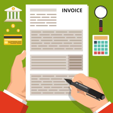 Fatura kavramı ödenmesi. Bir yandan tutun ve kalem tutun. Yeşil arka plan simgeleri. Düz vektör çizim.