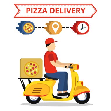 Scooter üzerinde hızlı pizza teslimat hizmeti kavramı. Beyaz arka plan üzerinde düz vektör çizim