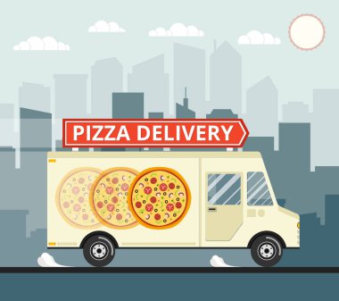 şehir binaları üzerinde pizza dağıtım kamyon vektör illüstrasyon 