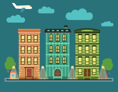 Güzel renkli şehir şehir manzara çeşitli townhouses, bulutlar, çınar ve kentsel diğer ayrıntıları ile. 