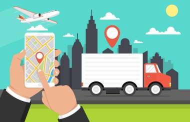 el tutan akıllı telefon vektör illüstrasyon. online teslimat ve izleme konsepti