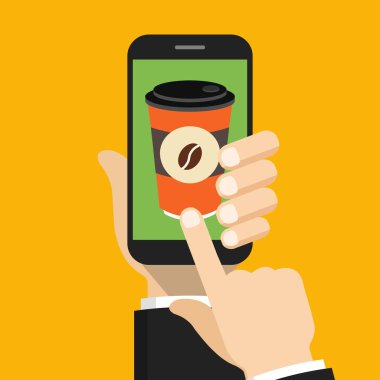 Tek kullanımlık kahve fincanı üstünde belgili tanımlık perde ile Smartphone tutan el. Kahve sipariş online kavramı. Vektör çizim turuncu arka plan üzerinde