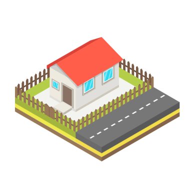 İzometrik ev ve yol. Banliyö evini temsil eden izometrik unsurlar. Vektör Illustration.