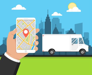 el tutan akıllı telefon vektör illüstrasyon. online teslimat ve izleme konsepti