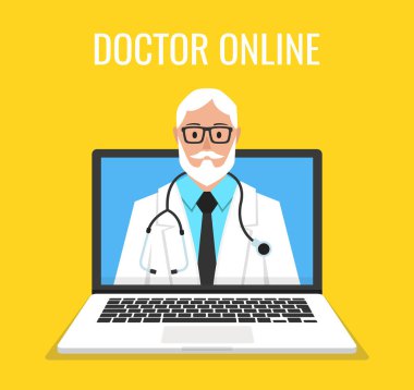 Online doktor adam karakter laptop dışarı bak. Online tıbbi konsültasyon kavramı. Sarı arka plan üzerinde vektör çizim