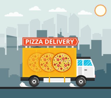 şehir binaları üzerinde pizza dağıtım kamyon vektör illüstrasyon 