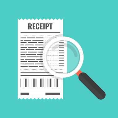 Alış irsaliyesi ve Büyüteç camı. Beyaz bill ve Büyüteç. Deniz mavisi arka plan üzerinde vektör çizim.