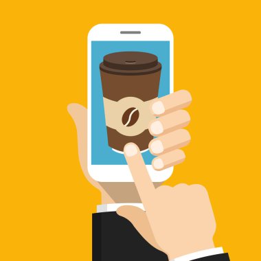 Tek kullanımlık kahve fincanı üstünde belgili tanımlık perde ile Smartphone tutan el. Kahve sipariş online kavramı. Vektör çizim turuncu arka plan üzerinde