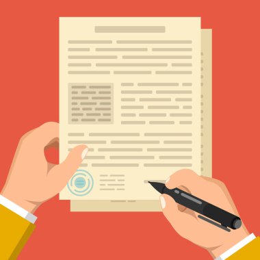 İşadamı eli kalem tutan ve iş sözleşme imzalama. Kırmızı bir arka plan üzerinde düz vektör çizim