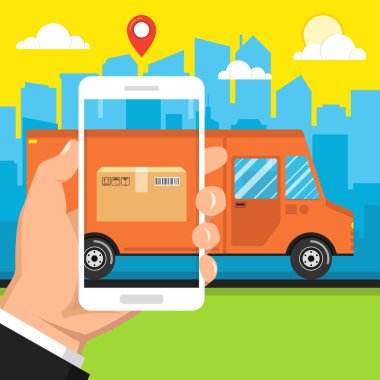 el tutan akıllı telefon vektör illüstrasyon. online teslimat ve izleme konsepti