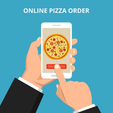 Vektör çizim çevrimiçi semti için pizza. El smartphone pizza ile ekranda deniz mavisi arka plan üzerinde tutarak.