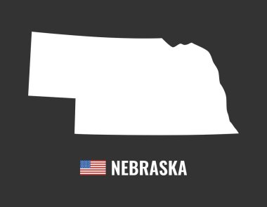 Nebraska harita siyah arka plan siluet üzerinde izole. Nebraska ABD devlet. Amerikan bayrağı. Vektör Illustration
