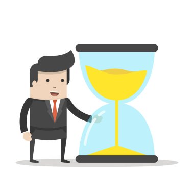 Vektör çizim işadamı veya Yöneticisi kum saati görünüyor. Zaman yönetimi kavramı. Beyaz arka plan üzerinde düz çizgi film tarzı