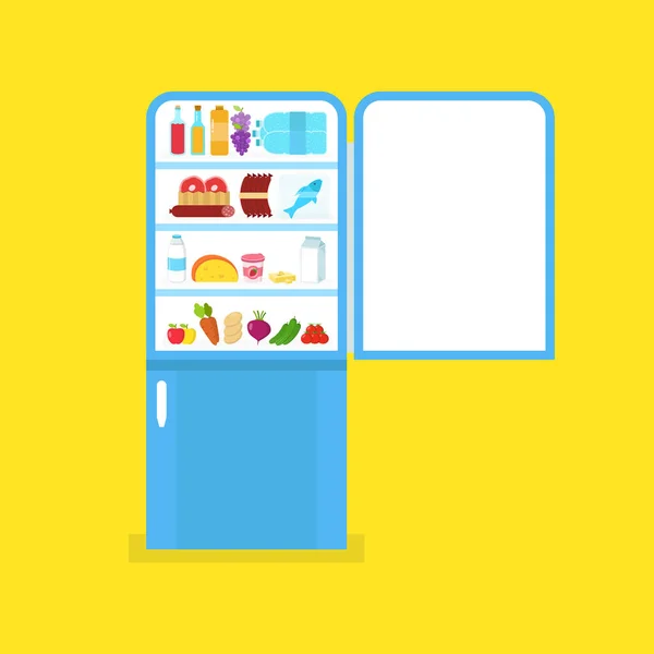 Voller Lebensmittel Öffnete Blauen Kühlschrank Flache Vektorabbildung — Stockvektor