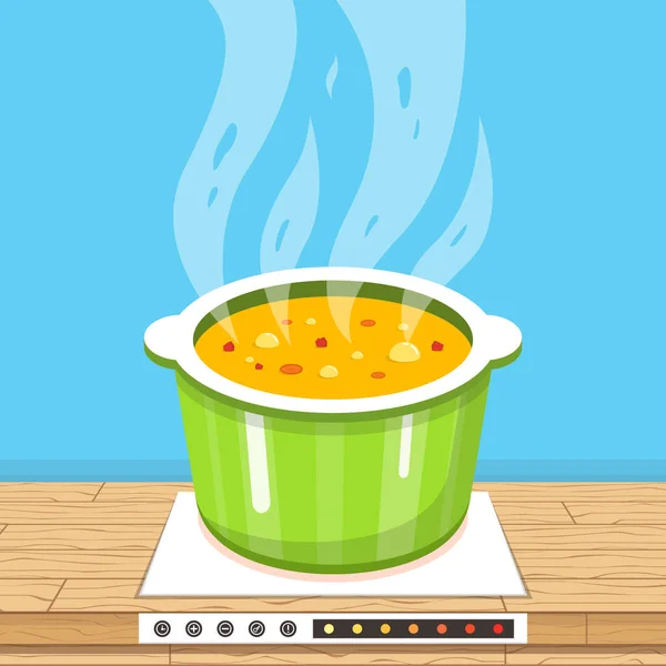 Vektorillustration Der Kochenden Suppe Der Pfanne — Stockvektor