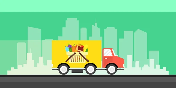 Vektor Illusztráció Élelmiszer Szállító Teherautó Több Mint Városi Épületek — Stock Vector