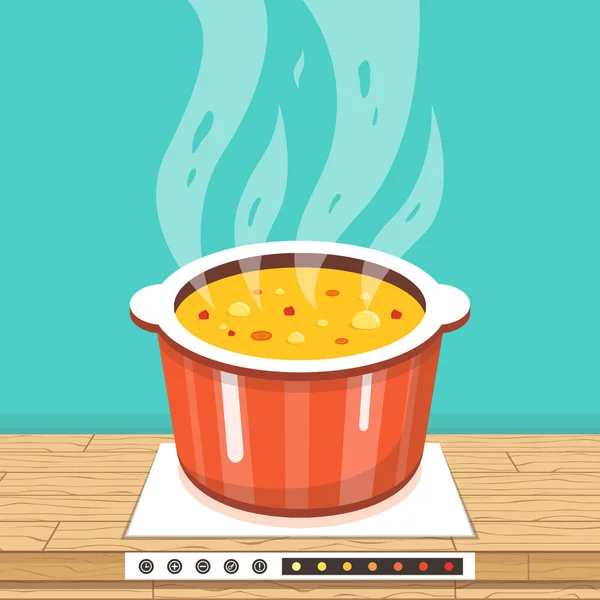 Векторна Ілюстрація Киплячого Супу Сковороді — стоковий вектор